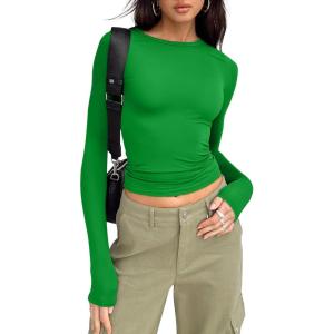imageTrendy Queen Womens Long Sleeve Shirts Basic Tees Crop Tops Going Out Spring 2025 Workout Outfits Y2k ClothesGreen