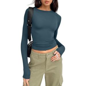 imageTrendy Queen Womens Long Sleeve Shirts Basic Tees Crop Tops Going Out Spring 2025 Workout Outfits Y2k ClothesHaze Blue