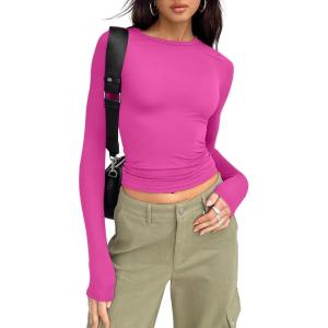 imageTrendy Queen Womens Long Sleeve Shirts Basic Tees Crop Tops Going Out Spring 2025 Workout Outfits Y2k ClothesHot Pink