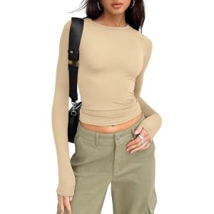 imageTrendy Queen Womens Long Sleeve Shirts Basic Tees Crop Tops Going Out Spring 2025 Workout Outfits Y2k ClothesKhaki