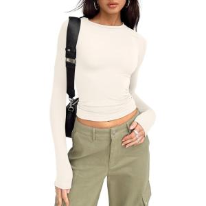 imageTrendy Queen Womens Long Sleeve Shirts Basic Tees Crop Tops Going Out Spring 2025 Workout Outfits Y2k ClothesLight Apricot
