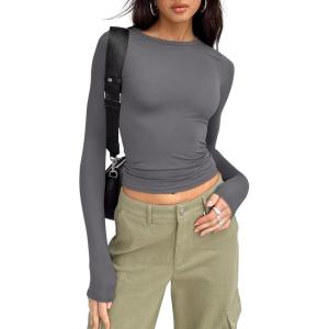 imageTrendy Queen Womens Long Sleeve Shirts Basic Tees Crop Tops Going Out Spring 2025 Workout Outfits Y2k ClothesLight Gray