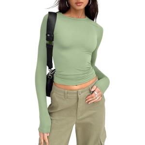 imageTrendy Queen Womens Long Sleeve Shirts Basic Tees Crop Tops Going Out Spring 2025 Workout Outfits Y2k ClothesLight Green
