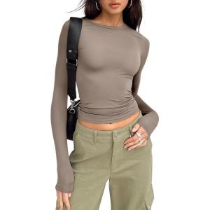 imageTrendy Queen Womens Long Sleeve Shirts Basic Tees Crop Tops Going Out Spring 2025 Workout Outfits Y2k ClothesMocha