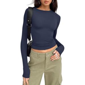 imageTrendy Queen Womens Long Sleeve Shirts Basic Tees Crop Tops Going Out Spring 2025 Workout Outfits Y2k ClothesNavy