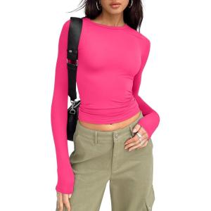 imageTrendy Queen Womens Long Sleeve Shirts Basic Tees Crop Tops Going Out Spring 2025 Workout Outfits Y2k ClothesNeon Pink