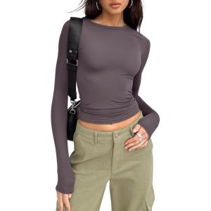 imageTrendy Queen Womens Long Sleeve Shirts Basic Tees Crop Tops Going Out Spring 2025 Workout Outfits Y2k ClothesNutmeg