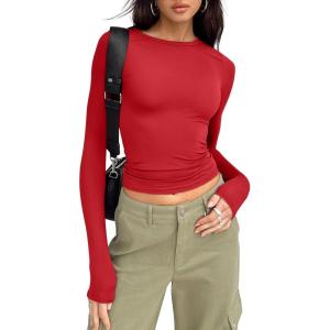 imageTrendy Queen Womens Long Sleeve Shirts Basic Tees Crop Tops Going Out Spring 2025 Workout Outfits Y2k ClothesRed