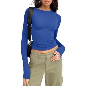 imageTrendy Queen Womens Long Sleeve Shirts Basic Tees Crop Tops Going Out Spring 2025 Workout Outfits Y2k ClothesRoyal Blue