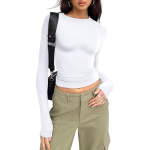 imageTrendy Queen Womens Long Sleeve Shirts Basic Tees Crop Tops Going Out Spring 2025 Workout Outfits Y2k ClothesWhite