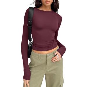 imageTrendy Queen Womens Long Sleeve Shirts Basic Tees Crop Tops Going Out Spring 2025 Workout Outfits Y2k ClothesWine Red