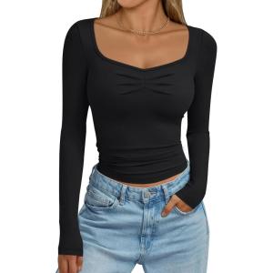 imageTrendy Queen Womens Long Sleeve Shirts Crop Tops Going Out Clothes Cute Sweetheart Neck Workout Fall Fashion Outfits 2025Black
