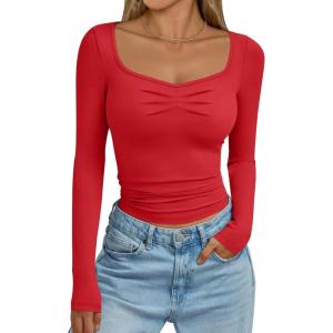 imageTrendy Queen Womens Long Sleeve Shirts Crop Tops Going Out Clothes Cute Sweetheart Neck Workout Fall Fashion Outfits 2025Red
