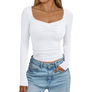 imageTrendy Queen Womens Long Sleeve Shirts Crop Tops Going Out Clothes Cute Sweetheart Neck Workout Fall Fashion Outfits 2025White