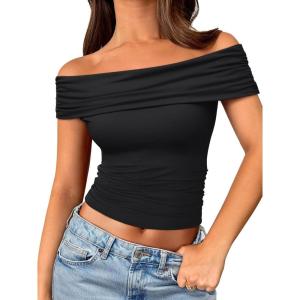 imageTrendy Queen Womens Off The Shoulder Tops Going Out Crop Summer Cute Y2k Shirts Tube Corset Basic Fashion Outfits 2025Black