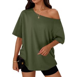 imageTrendy Queen Womens Off The Shoulder Tops Oversized TShirts Short Sleeve Tees Summer 2025 Casual Spring Fashion ClothesArmygreen