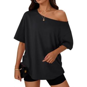 imageTrendy Queen Womens Off The Shoulder Tops Oversized TShirts Short Sleeve Tees Summer 2025 Casual Spring Fashion ClothesBlack
