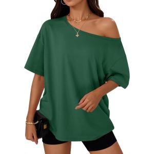 imageTrendy Queen Womens Off The Shoulder Tops Oversized TShirts Short Sleeve Tees Summer 2025 Casual Spring Fashion ClothesDarkgreen