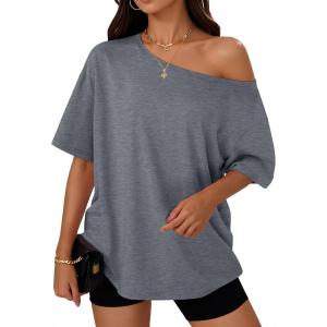 imageTrendy Queen Womens Off The Shoulder Tops Oversized TShirts Short Sleeve Tees Summer 2025 Casual Spring Fashion ClothesDarkgrey