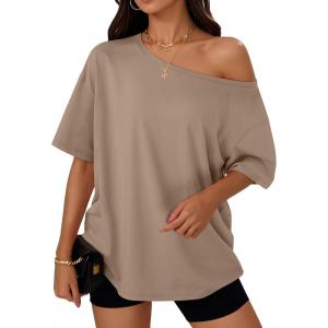 imageTrendy Queen Womens Off The Shoulder Tops Oversized TShirts Short Sleeve Tees Summer 2025 Casual Spring Fashion ClothesKhaki