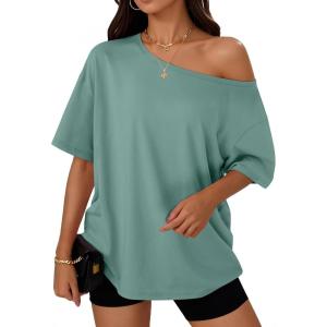 imageTrendy Queen Womens Off The Shoulder Tops Oversized TShirts Short Sleeve Tees Summer 2025 Casual Spring Fashion ClothesLightgreen
