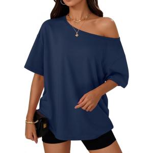 imageTrendy Queen Womens Off The Shoulder Tops Oversized TShirts Short Sleeve Tees Summer 2025 Casual Spring Fashion ClothesNavy