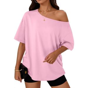 imageTrendy Queen Womens Off The Shoulder Tops Oversized TShirts Short Sleeve Tees Summer 2025 Casual Spring Fashion ClothesPink