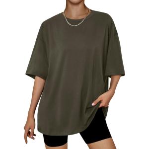 imageTrendy Queen Womens Oversized Summer T Shirts Fashion Workout Plus Size Tops Short Sleeve Beach Vacation Gym Clothes 2025Armygreen