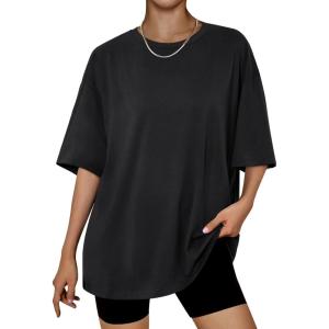 imageTrendy Queen Womens Oversized Summer T Shirts Fashion Workout Plus Size Tops Short Sleeve Beach Vacation Gym Clothes 2025Black