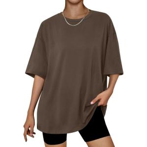 imageTrendy Queen Womens Oversized Summer T Shirts Fashion Workout Plus Size Tops Short Sleeve Beach Vacation Gym Clothes 2025Coffeebrown
