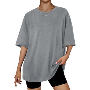 imageTrendy Queen Womens Oversized Summer T Shirts Fashion Workout Plus Size Tops Short Sleeve Beach Vacation Gym Clothes 2025Darkgrey
