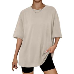 imageTrendy Queen Womens Oversized Summer T Shirts Fashion Workout Plus Size Tops Short Sleeve Beach Vacation Gym Clothes 2025Khaki