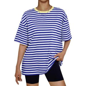 imageTrendy Queen Womens Oversized Summer T Shirts Fashion Workout Plus Size Tops Short Sleeve Beach Vacation Gym Clothes 2025Sebluewhite