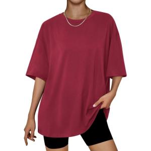 imageTrendy Queen Womens Oversized Summer T Shirts Fashion Workout Plus Size Tops Short Sleeve Beach Vacation Gym Clothes 2025Winered