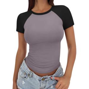 imageTrendy Queen Womens Short Sleeve Slim Fit Slightly Crop Color Block Crew Neck Basic T Shirts Stretchy Summer Tops 2025Black Grey