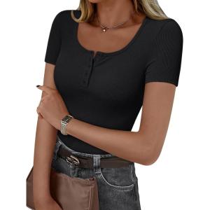 imageTrendy Queen Womens Short Sleeve Summer Tops Ribbed Henley T Shirts Basic Tee Cute Casual Spring Fashion Clothes 2025Black