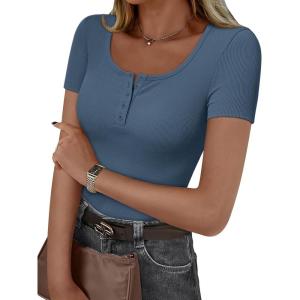 imageTrendy Queen Womens Short Sleeve Summer Tops Ribbed Henley T Shirts Basic Tee Cute Casual Spring Fashion Clothes 2025Blue