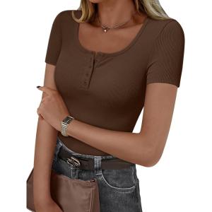 imageTrendy Queen Womens Short Sleeve Summer Tops Ribbed Henley T Shirts Basic Tee Cute Casual Spring Fashion Clothes 2025Coffee
