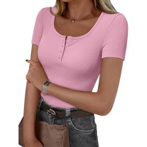 imageTrendy Queen Womens Short Sleeve Summer Tops Ribbed Henley T Shirts Basic Tee Cute Casual Spring Fashion Clothes 2025Pink
