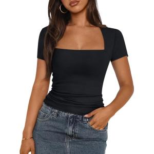 imageTrendy Queen Womens Square Neck Tops Short Sleeve Shirts Double Lined Workout Summer Clothes Casual Slim Fit TShirtsBlack