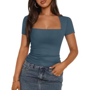 imageTrendy Queen Womens Square Neck Tops Short Sleeve Shirts Double Lined Workout Summer Clothes Casual Slim Fit TShirtsHazeblue