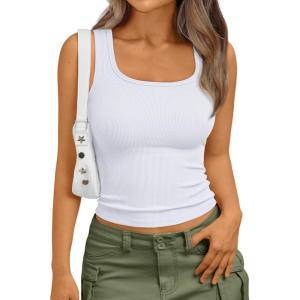 imageTrendy Queen Womens Summer Tank Tops Square Neck Ribbed Sleeveless Basic Crop Going Out Slim Fitted Y2k Clothes 2025White