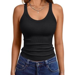 imageTrendy Queen Womens Tank Tops Crop Camisole Summer Fashion Sleeveless Ribbed Workout Basic Going Out Gym Spring Clothes 2025Black