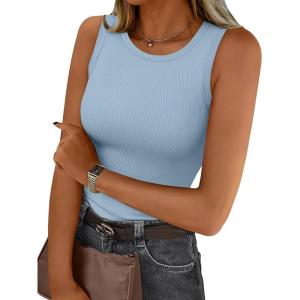 imageTrendy Queen Womens Tank Tops Summer Fashion 2025 Workout Ribbed Sleeveless High Neck Beach Vacation Oufits ClothesBlue
