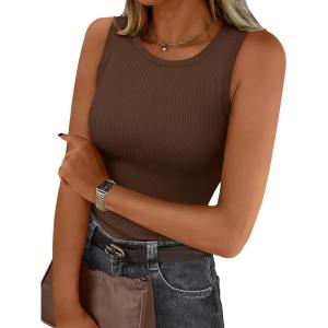 imageTrendy Queen Womens Tank Tops Summer Fashion 2025 Workout Ribbed Sleeveless High Neck Beach Vacation Oufits ClothesBrown