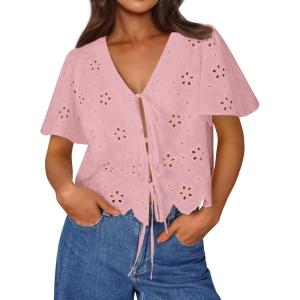 imageTrendy Queen Womens Tie Front Tops Summer Beach Vacation 2025 Fashion Outfits Loose Fit Blouses Eyelet Embroidered ClothesPink