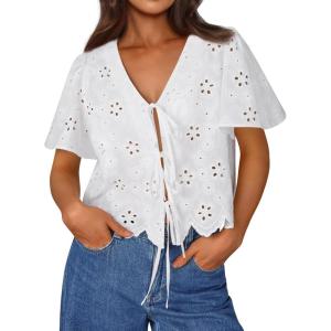 imageTrendy Queen Womens Tie Front Tops Summer Beach Vacation 2025 Fashion Outfits Loose Fit Blouses Eyelet Embroidered ClothesWhite