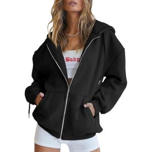 imageTrendy Queen Womens Zip Up Hoodies Oversized Sweatshirts Fall Fashion Outfits Casual Jackets 2025 Winter ClothesBlack