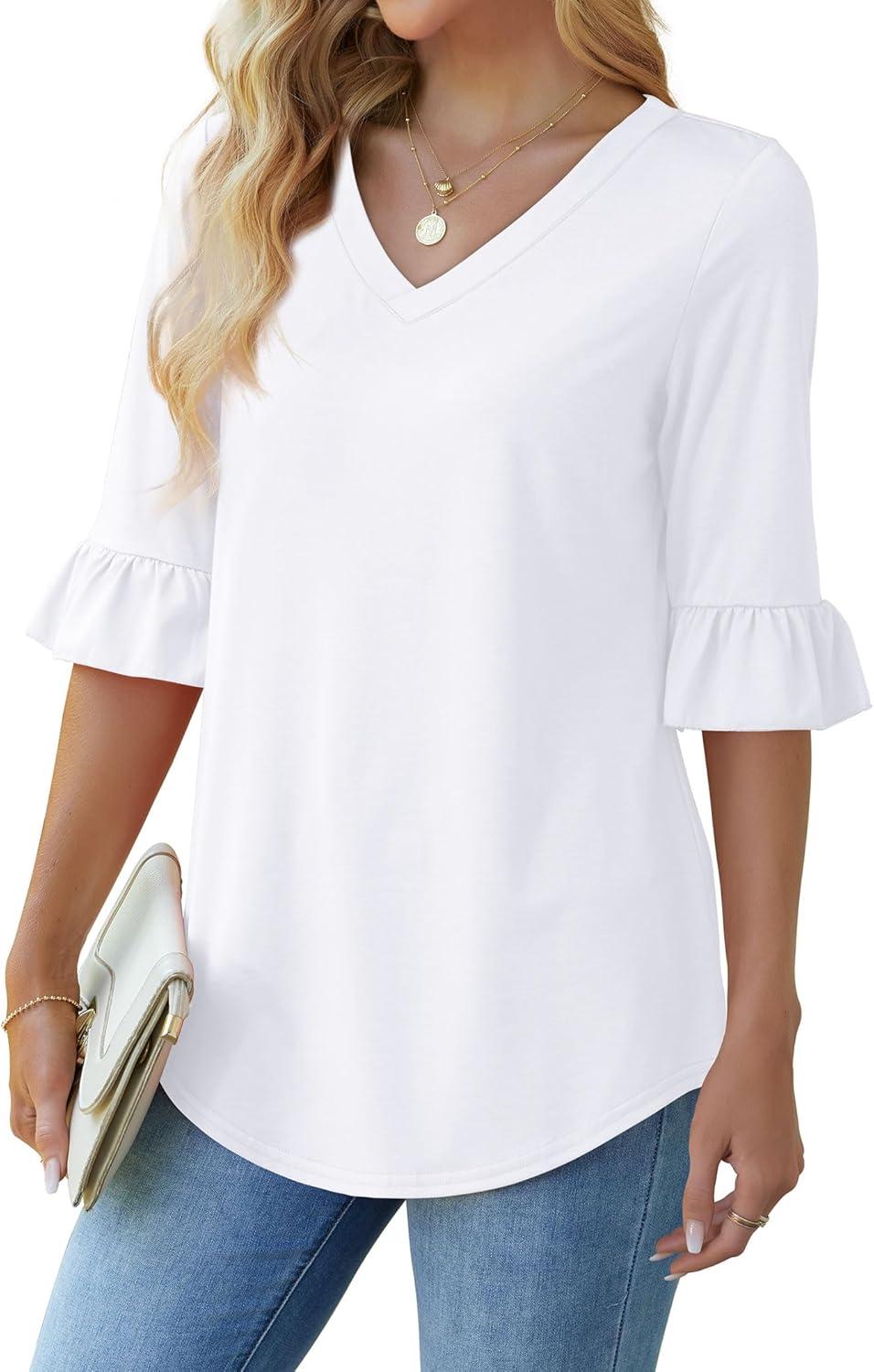 imageSAMPEEL 34 Length Sleeves Womens Tops Blouses for Women Dressy Casual Tops Trendy Summer Shirts Spring Clothes 2025All White