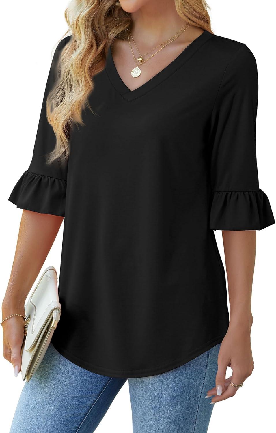 imageSAMPEEL 34 Length Sleeves Womens Tops Blouses for Women Dressy Casual Tops Trendy Summer Shirts Spring Clothes 2025Black